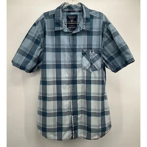 Guess Los Angeles Button Down Shirt Mens Size XXL Blue Plaid Short Sleeve Cotton